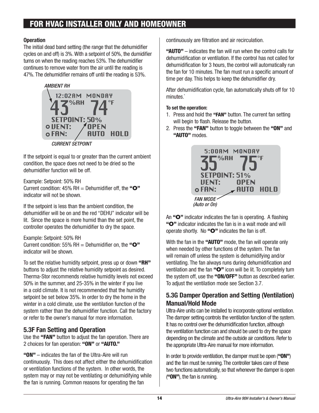 Therma-Stor Products Group 90H owner manual For Hvac Installer only and Homeowner, 3F Fan Setting and Operation 