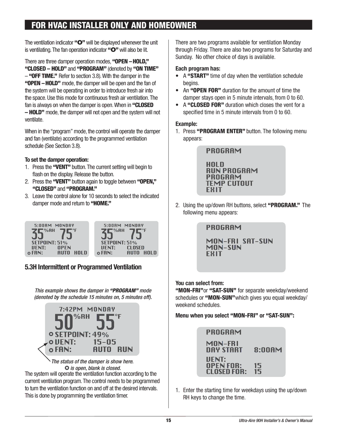 Therma-Stor Products Group 90H owner manual 3H Intermittent or Programmed Ventilation 