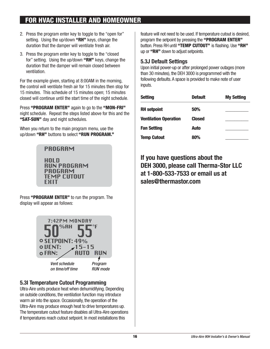 Therma-Stor Products Group 90H owner manual 3I Temperature Cutout Programming, 3J Default Settings 