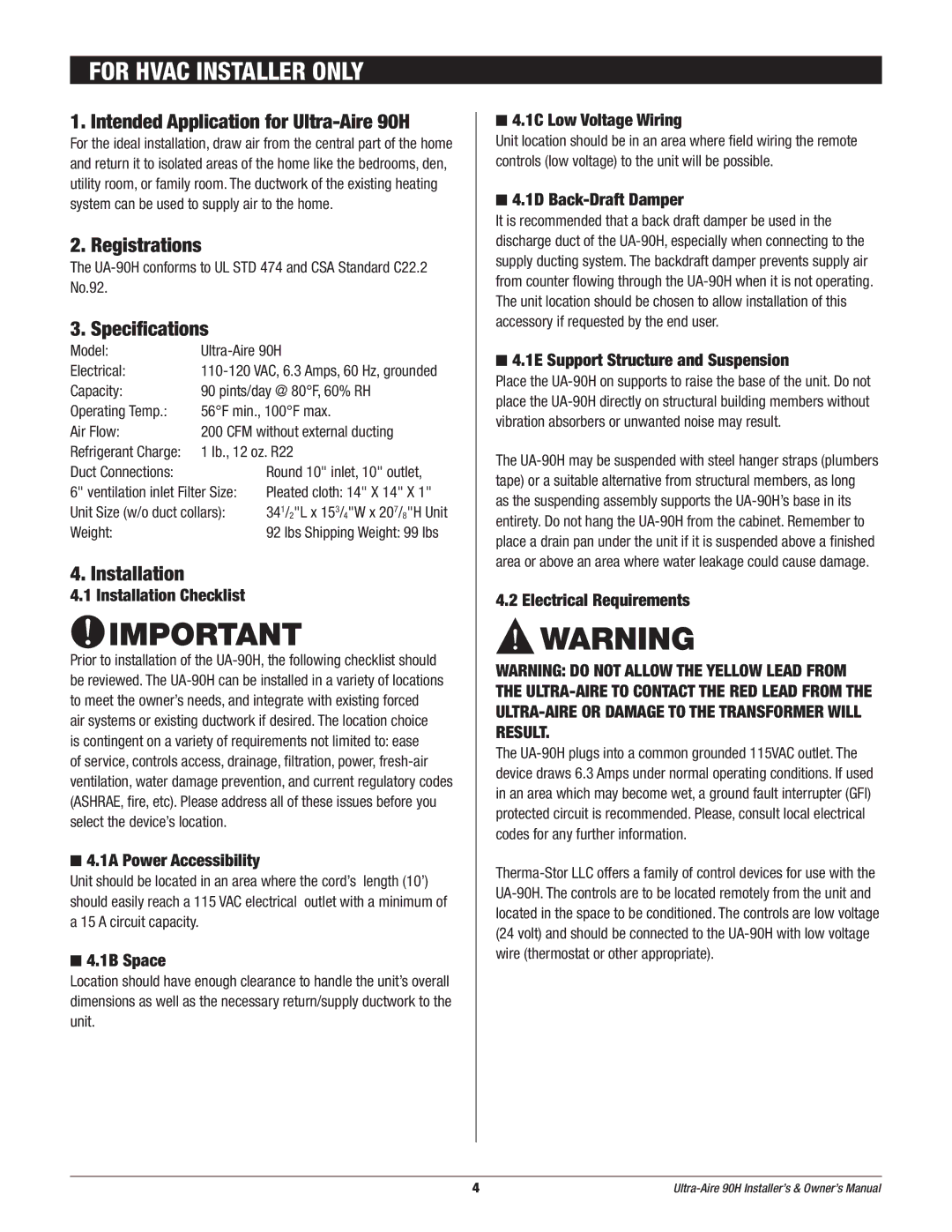 Therma-Stor Products Group owner manual For Hvac Installer only, Intended Application for Ultra-Aire 90H, Registrations 