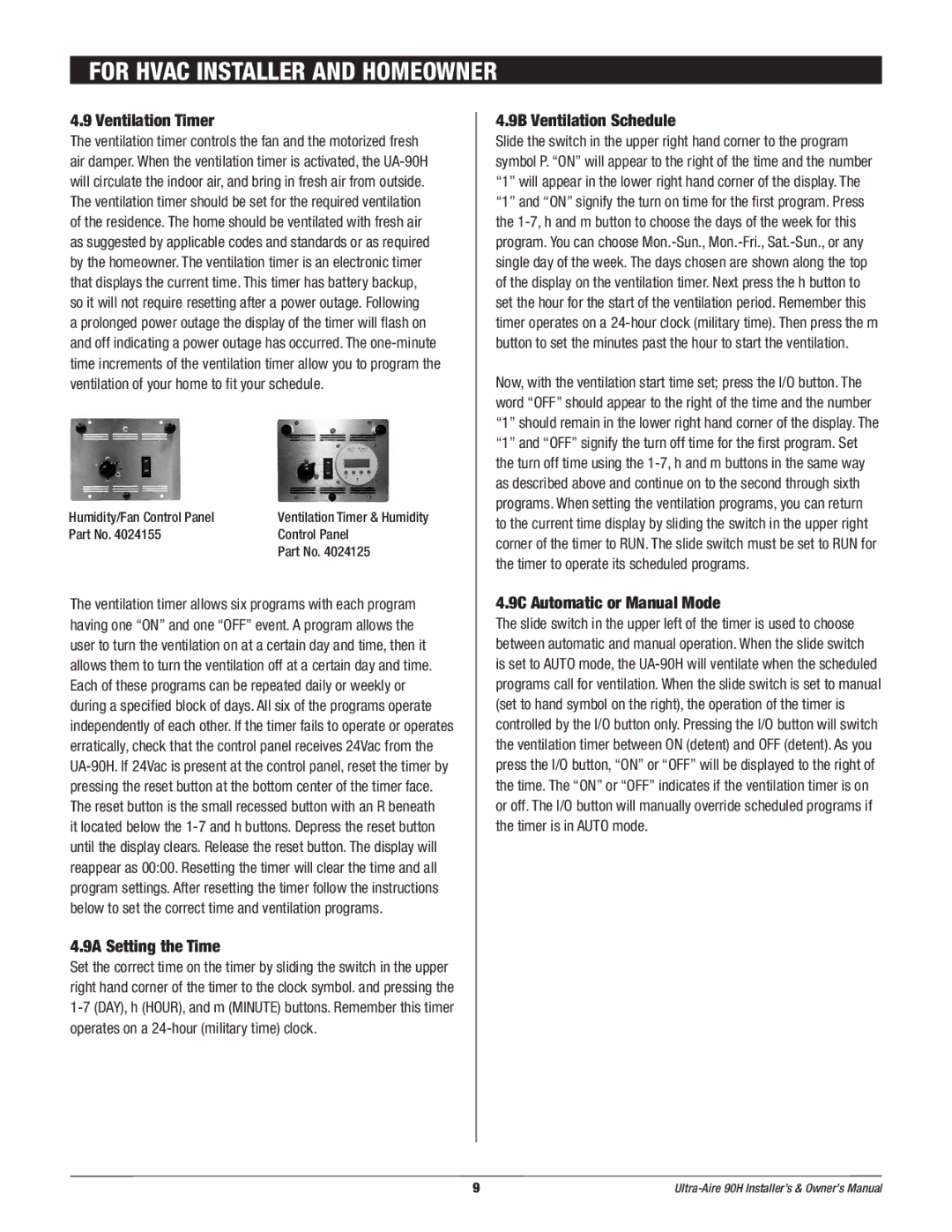 Therma-Stor Products Group 90H owner manual Ventilation Timer, 9A Setting the Time, 9B Ventilation Schedule 