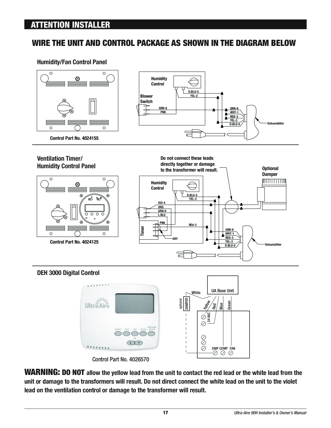 Therma-Stor Products Group 90H owner manual Attention Installer, Humidity/Fan Control Panel, DEH 3000 Digital Control 
