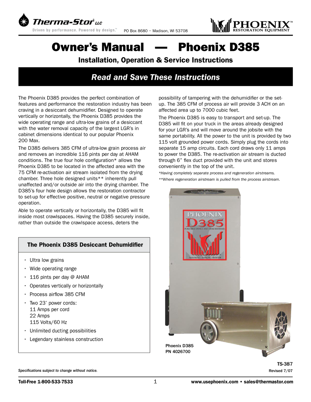 Therma-Stor Products Group owner manual Read and Save These Instructions, Phoenix D385 Desiccant Dehumidifier 