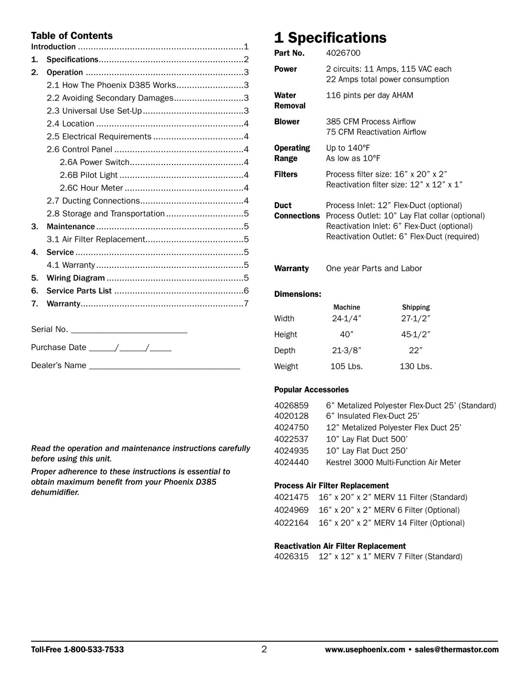 Therma-Stor Products Group D385 owner manual Specifications, Table of Contents 