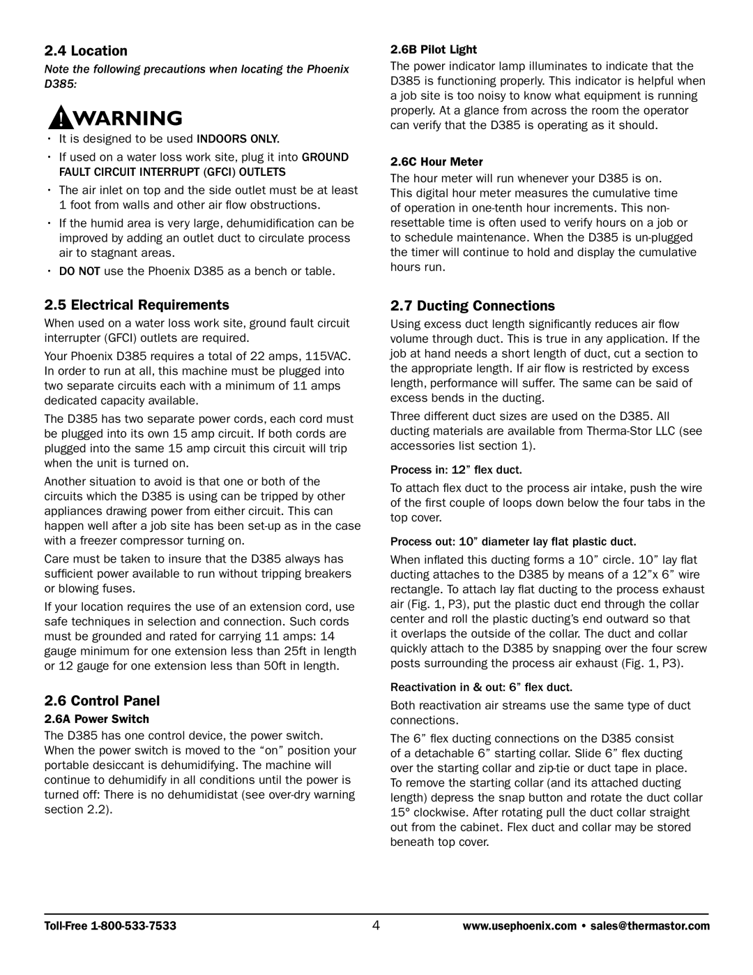 Therma-Stor Products Group D385 owner manual Location, Electrical Requirements, Control Panel, Ducting Connections 