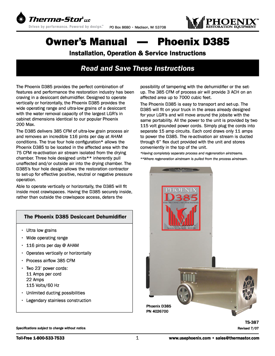 Therma-Stor Products Group owner manual The Phoenix D385 Desiccant Dehumidifier, Owner’s Manual — Phoenix D385 