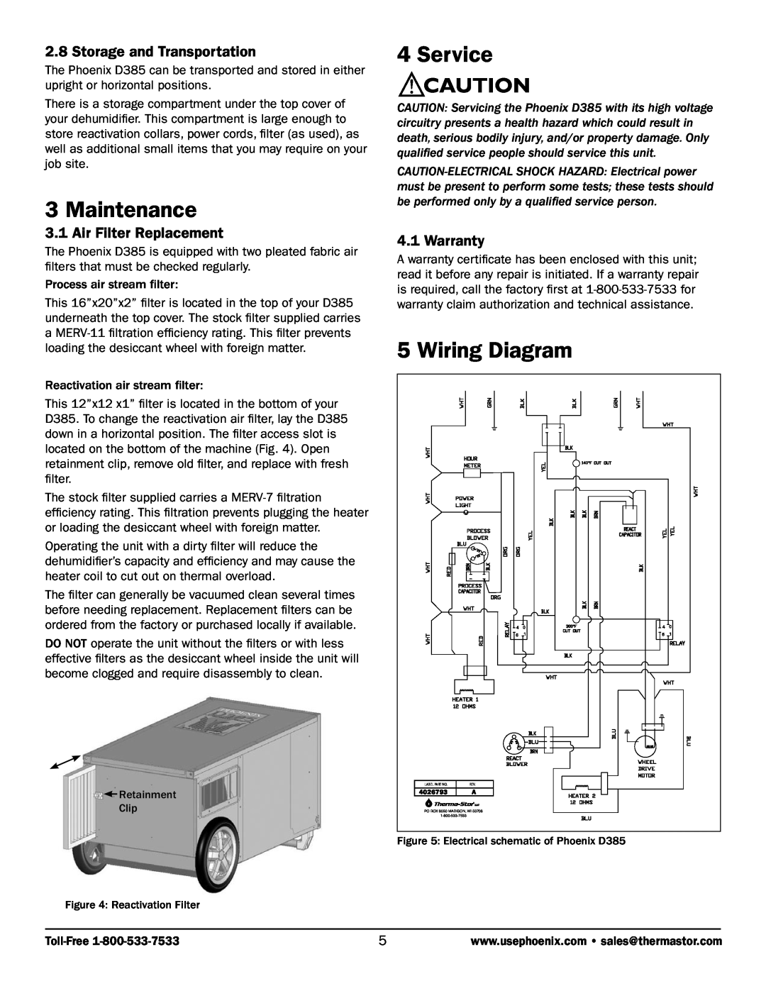 Therma-Stor Products Group D385 Maintenance, Service, Wiring Diagram, Storage and Transportation, Air Filter Replacement 