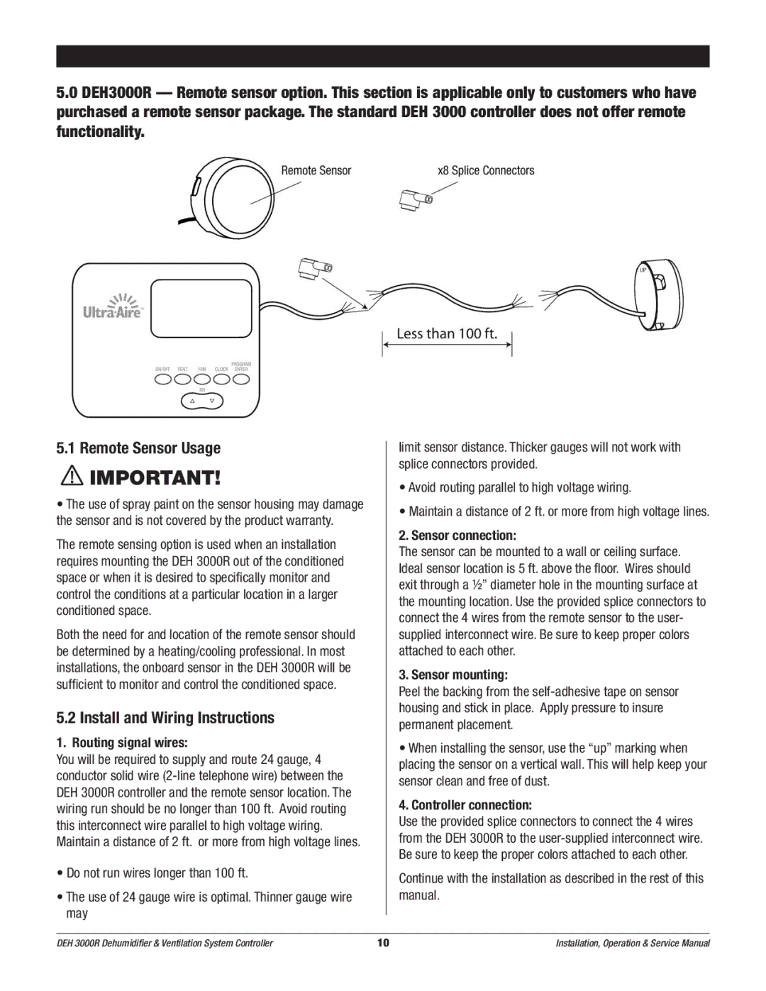 Therma-Stor Products Group DEH 3000R owner manual Install and Wiring Instructions, Routing signal wires, Sensor connection 