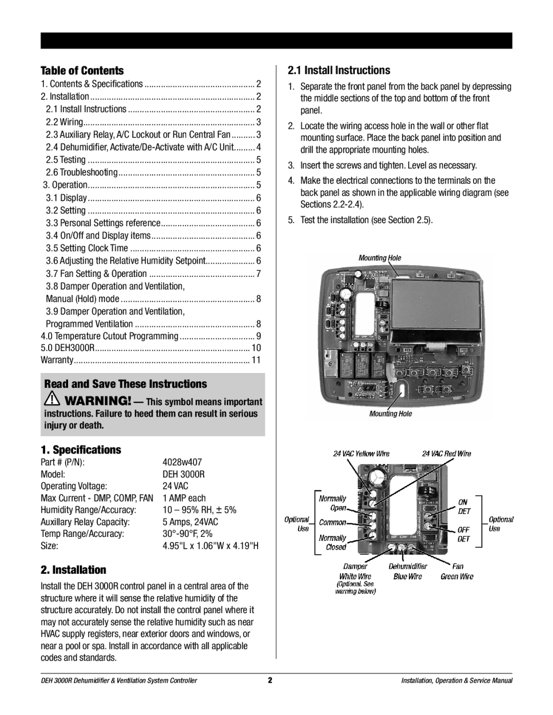 Therma-Stor Products Group DEH 3000R Table of Contents, Read and Save These Instructions Specifications, Installation 