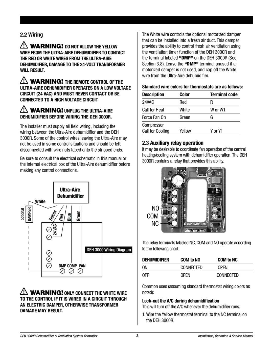 Therma-Stor Products Group DEH 3000R owner manual Wiring, Auxiliary relay operation, COM to no COM to NC 