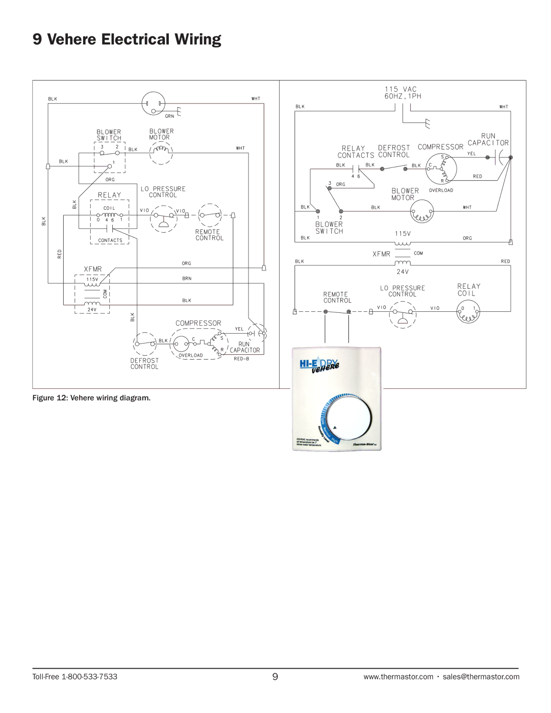 Therma-Stor Products Group HI-E Dry Vehere owner manual Vehere Electrical Wiring, Vehere wiring diagram Toll-Free 