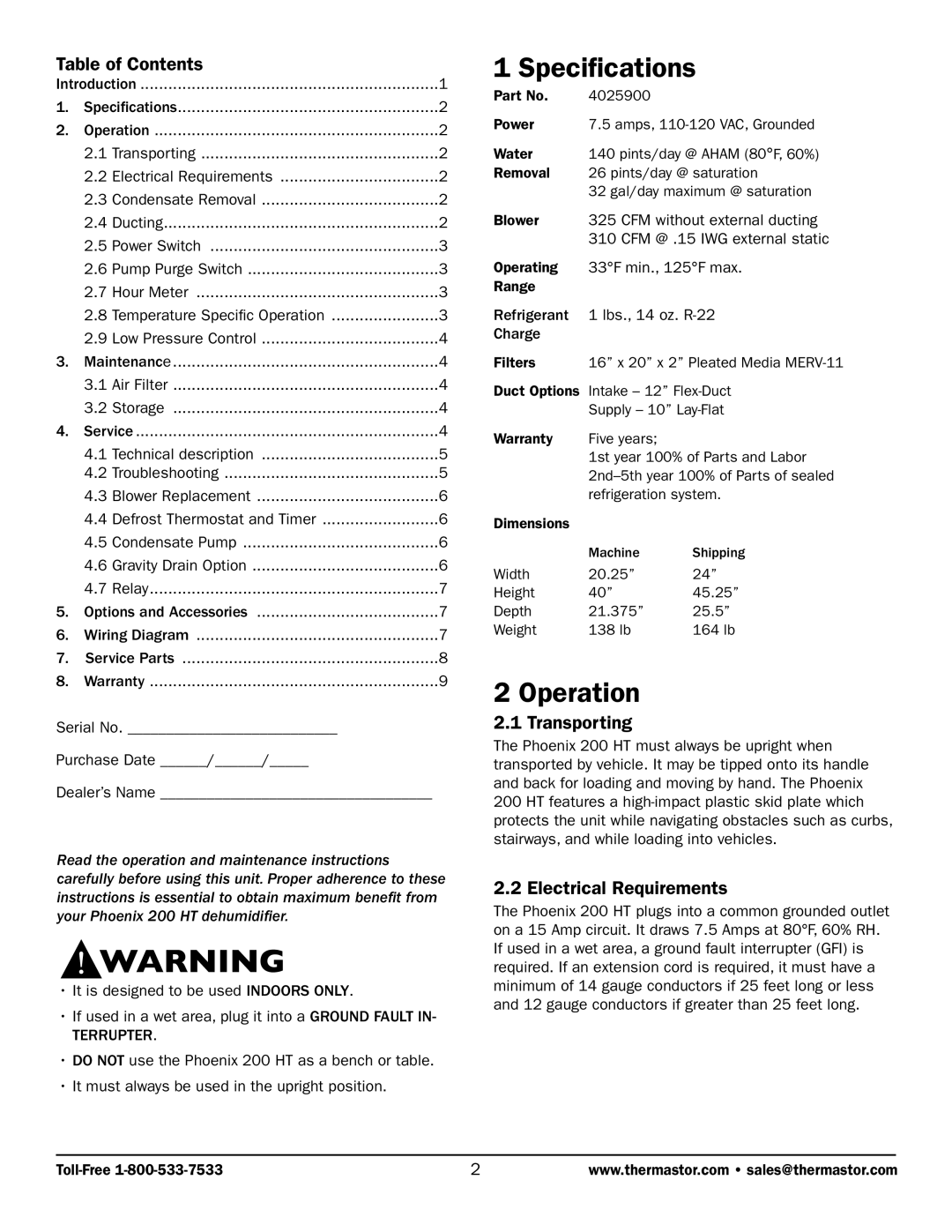 Therma-Stor Products Group Phoenix 200 HT owner manual Specifications, Operation, Table of Contents, Transporting 