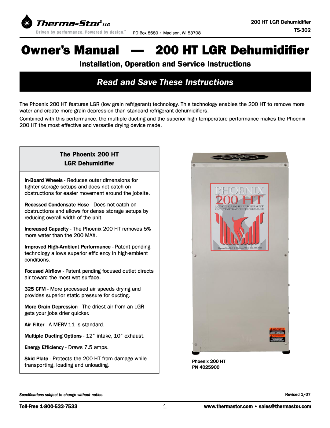 Therma-Stor Products Group owner manual The Phoenix 200 HT LGR Dehumidifier, Read and Save These Instructions 