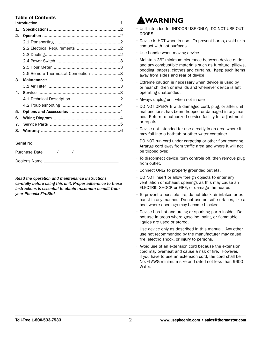 Therma-Stor Products Group PN 4027300 owner manual Table of Contents 