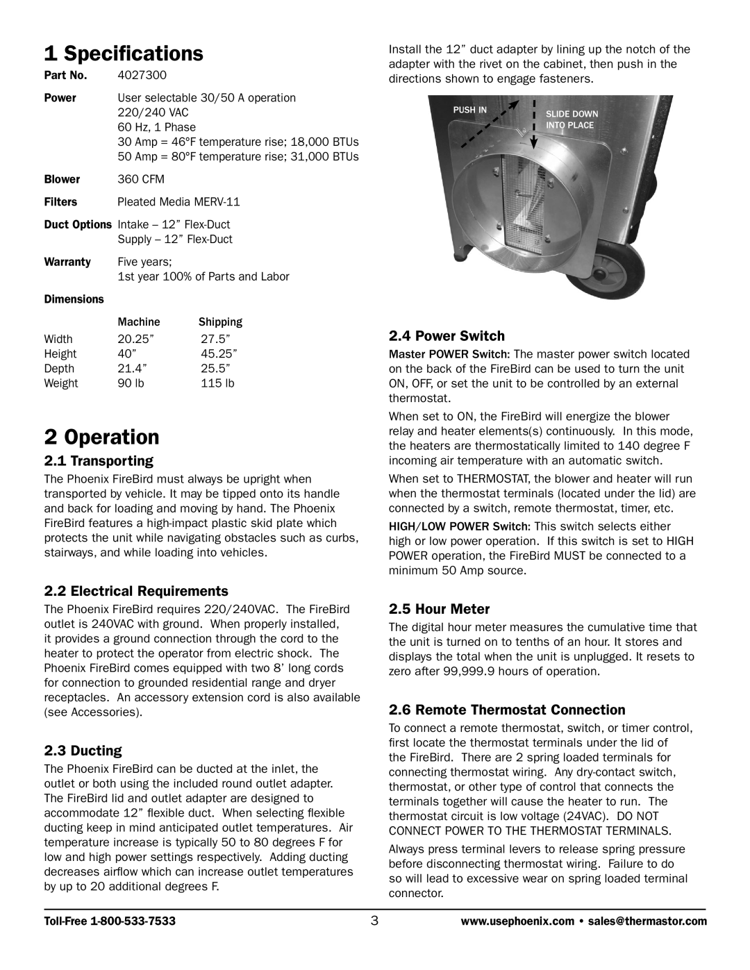 Therma-Stor Products Group PN 4027300 owner manual Specifications, Operation 