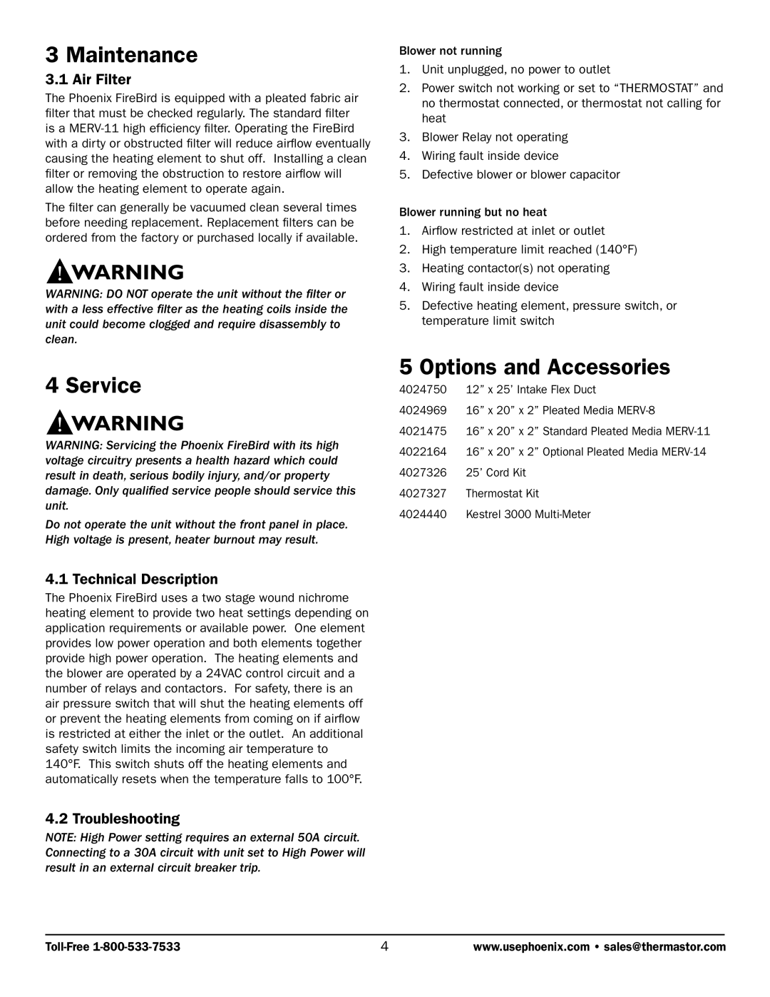 Therma-Stor Products Group PN 4027300 owner manual Maintenance, Service, Options and Accessories 