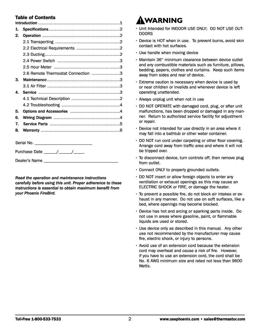 Therma-Stor Products Group PN 4027300 owner manual Table of Contents 