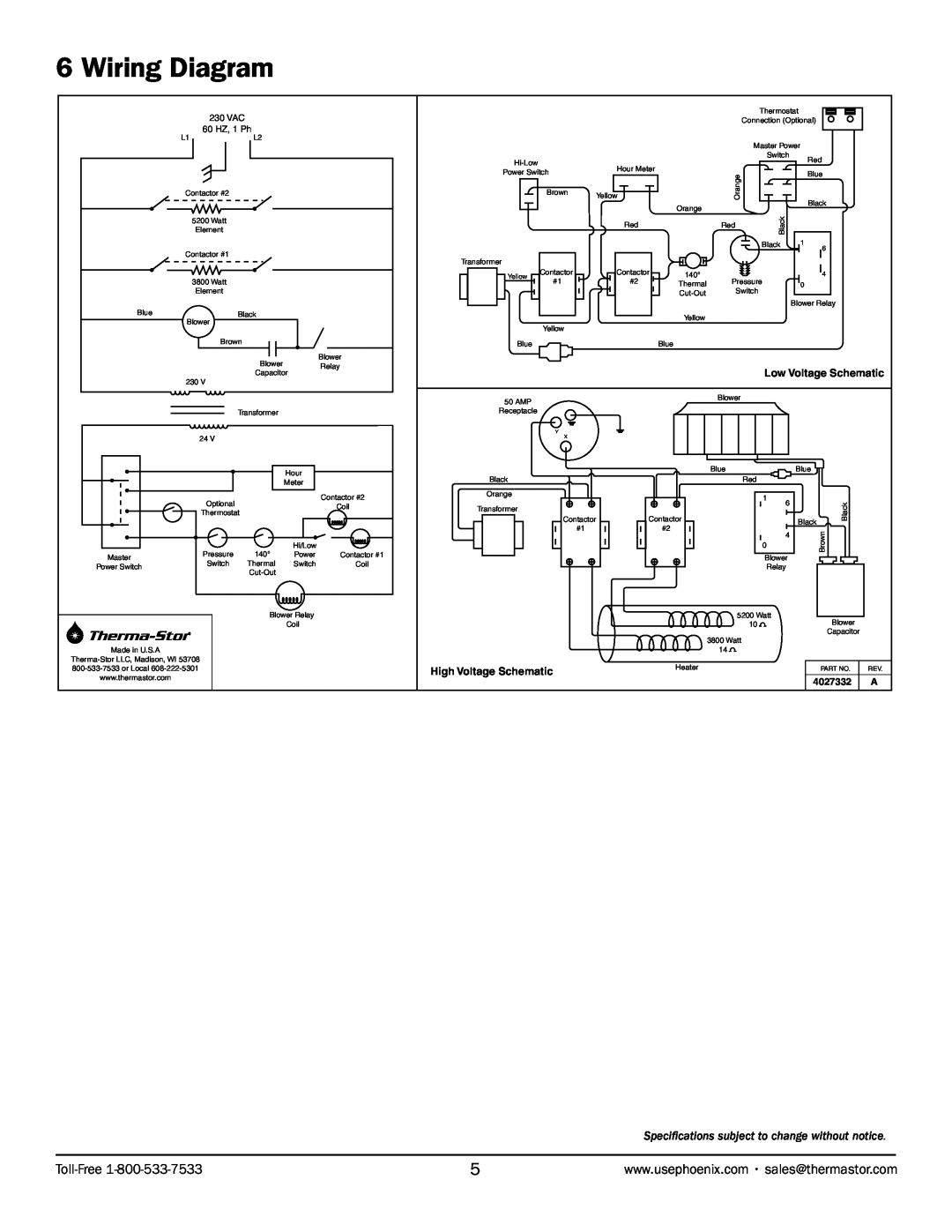 Therma-Stor Products Group PN 4027300 Wiring Diagram, Specifications subject to change without notice, 230 VAC, 4027332 