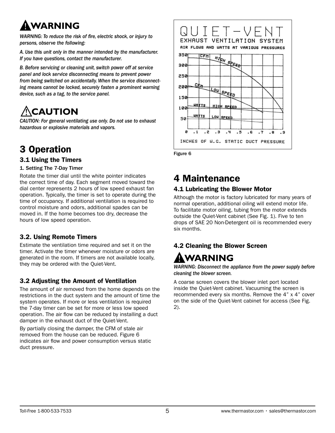 Therma-Stor Products Group Quiet-Vent Ventilation System owner manual Operation, Maintenance 