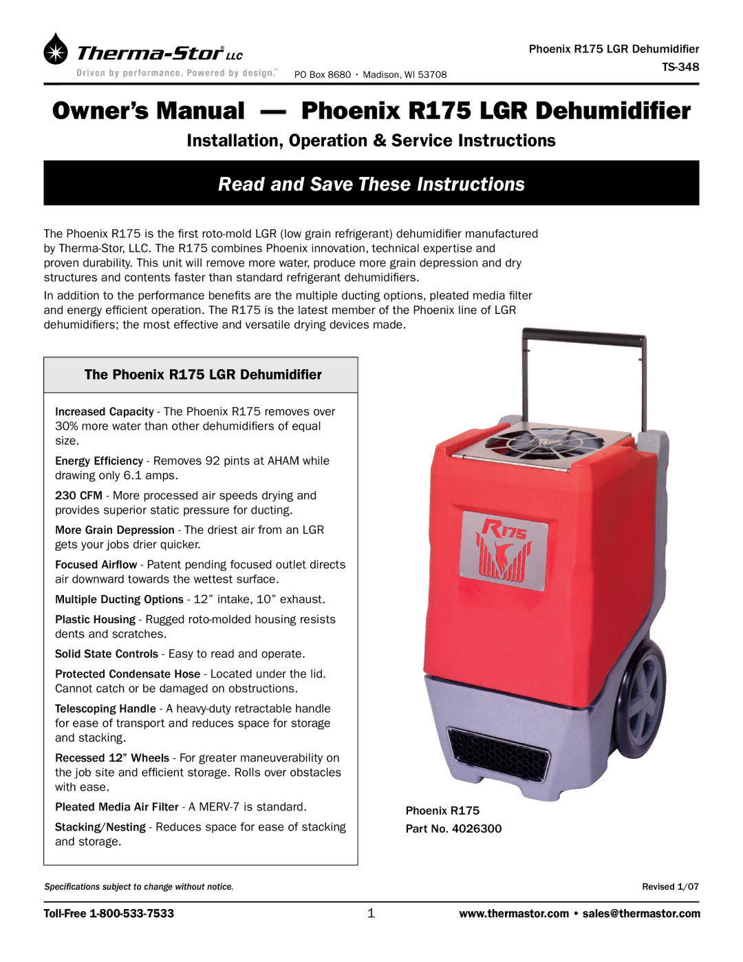 Therma-Stor Products Group owner manual Read and Save These Instructions, Phoenix R175 LGR Dehumidifier 