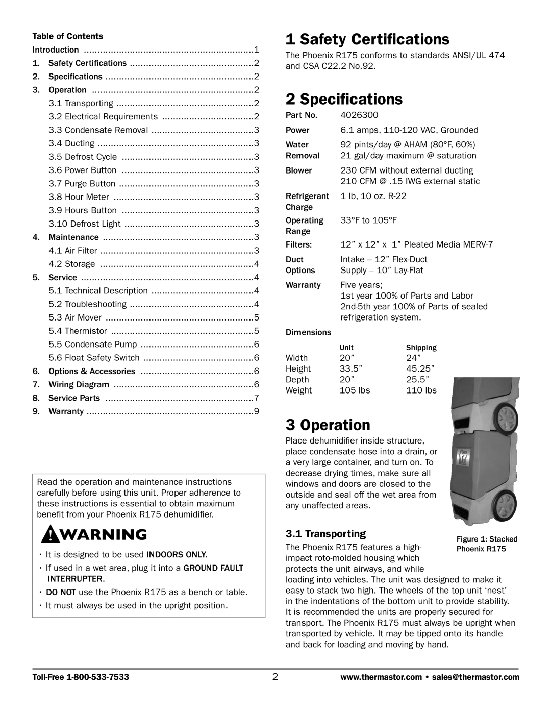 Therma-Stor Products Group R175 owner manual Safety Certifications, Specifications, Operation, Transporting 