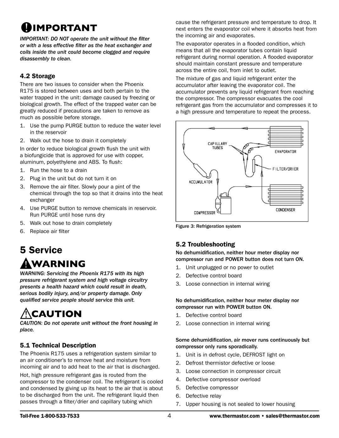 Therma-Stor Products Group R175 owner manual Service, Storage, Troubleshooting, Technical Description 