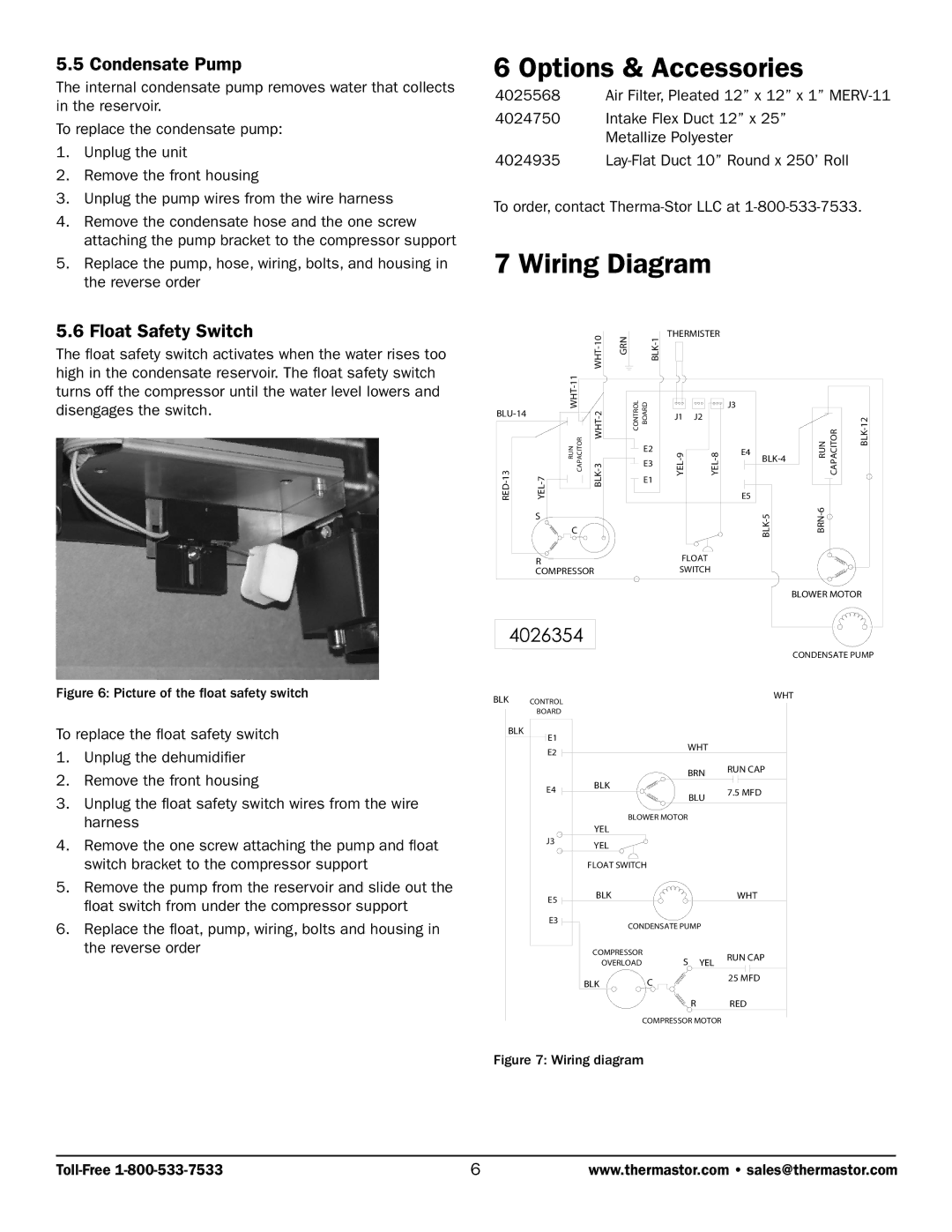 Therma-Stor Products Group R175 owner manual Options & Accessories, Wiring Diagram, Condensate Pump, Float Safety Switch 