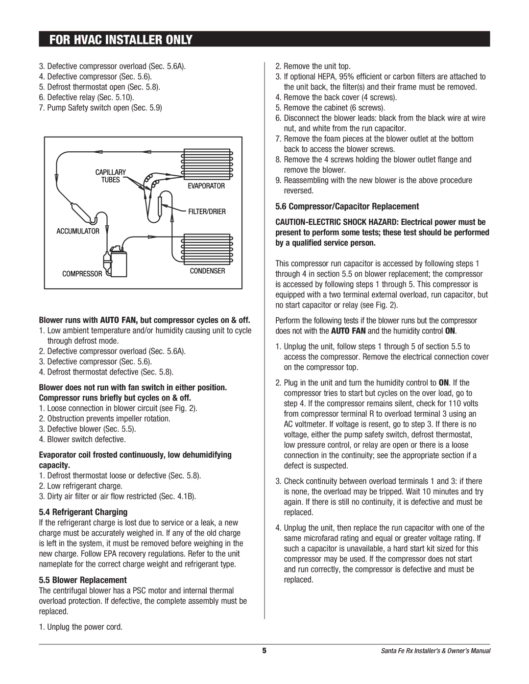 Therma-Stor Products Group Rx Free-Standing Dehumidification owner manual Refrigerant Charging, Blower Replacement 