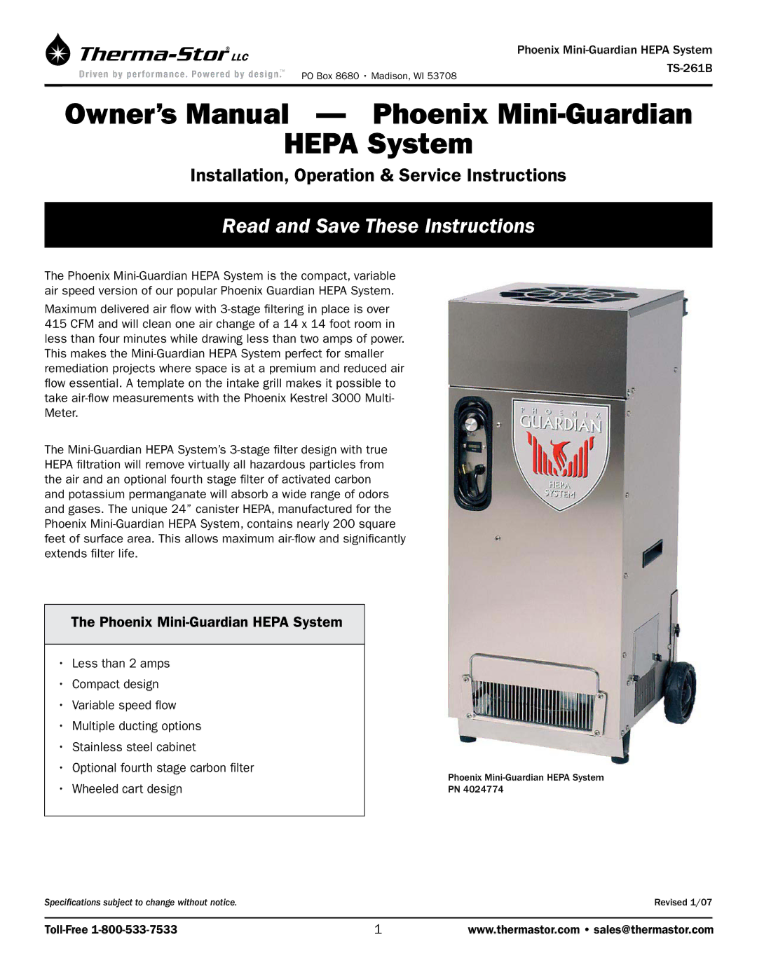 Therma-Stor Products Group TS-261B owner manual Phoenix Mini-Guardian Hepa System 