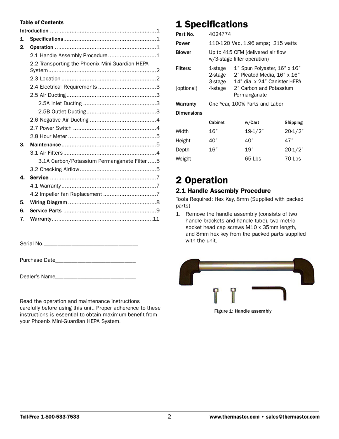 Therma-Stor Products Group TS-261B owner manual Specifications, Operation, Handle Assembly Procedure 