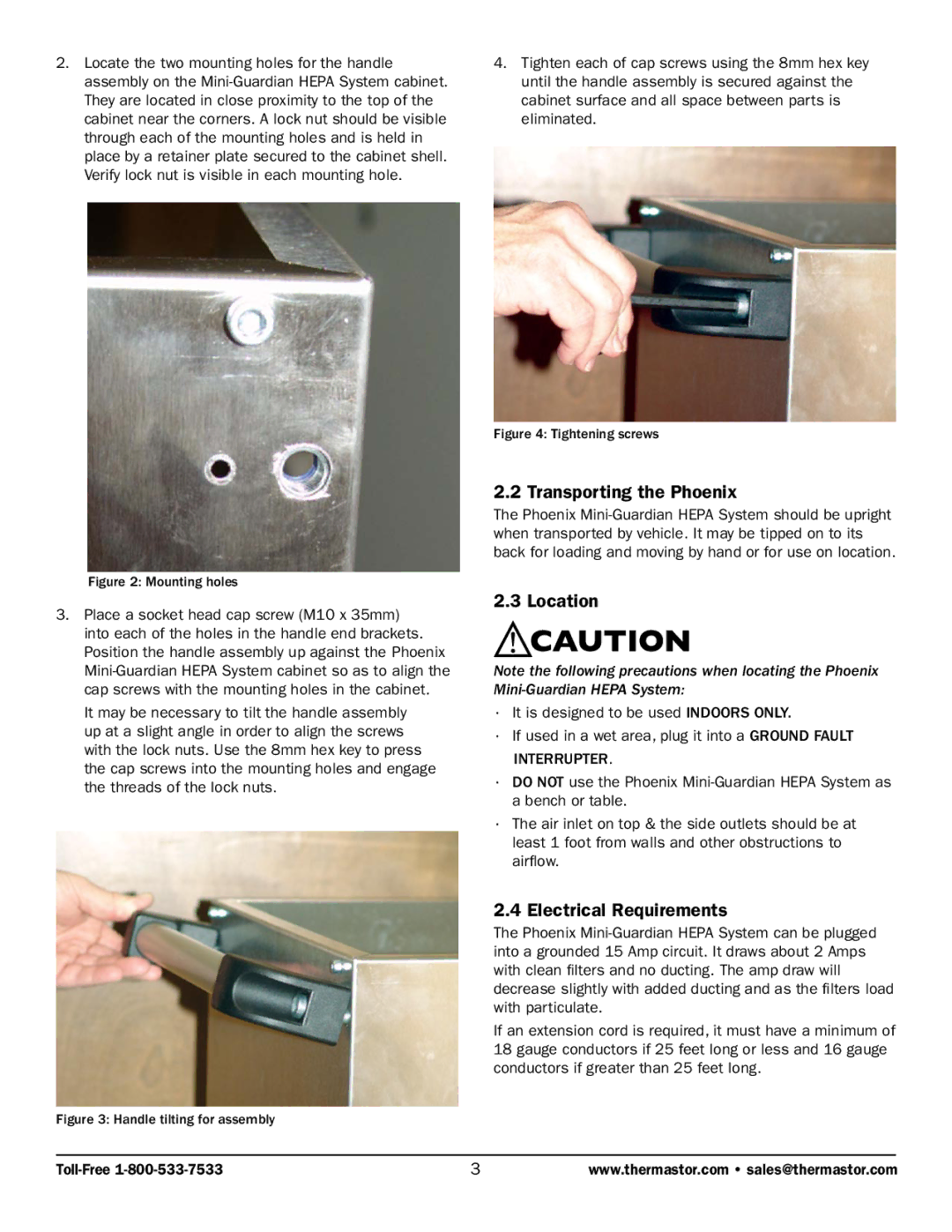 Therma-Stor Products Group TS-261B owner manual Transporting the Phoenix, Location, Electrical Requirements 