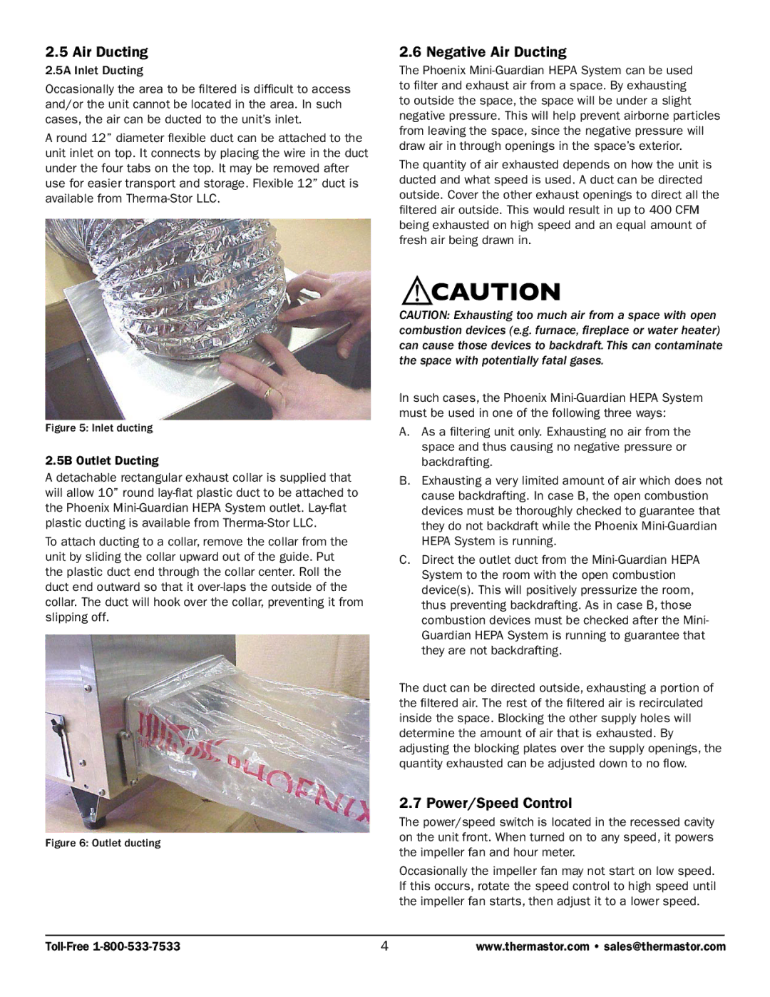 Therma-Stor Products Group TS-261B owner manual Negative Air Ducting, Power/Speed Control 