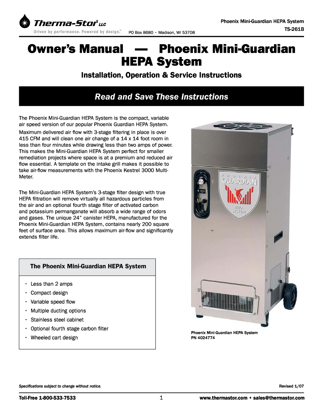 Therma-Stor Products Group TS-261B owner manual The Phoenix Mini-GuardianHEPA System, Read and Save These Instructions 