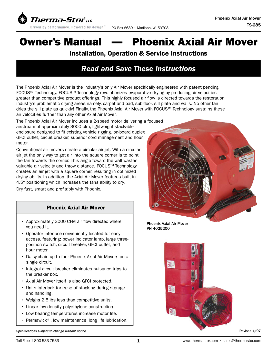 Therma-Stor Products Group TS-285 owner manual Read and Save These Instructions, Phoenix Axial Air Mover 