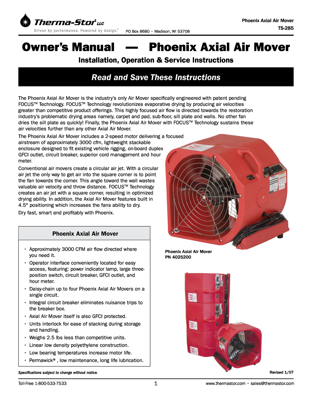 Therma-Stor Products Group TS-285 owner manual Phoenix Axial Air Mover, Read and Save These Instructions 