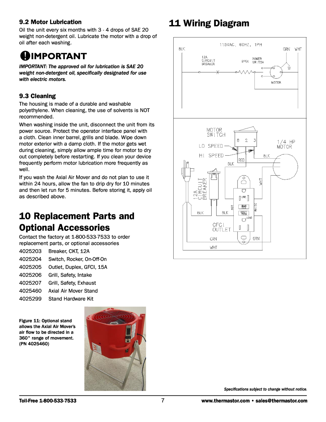 Therma-Stor Products Group TS-285 Replacement Parts and Optional Accessories, Wiring Diagram, Motor Lubrication, Cleaning 