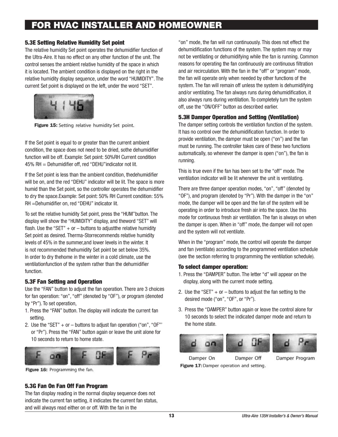 Therma-Stor Products Group UA-135H owner manual 3E Setting Relative Humidity Set point, 3F Fan Setting and Operation 