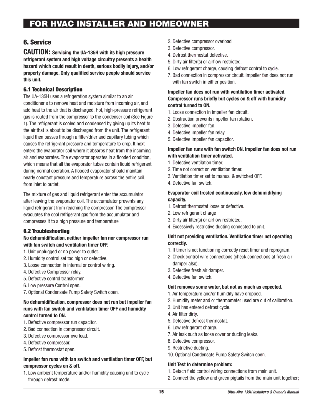 Therma-Stor Products Group UA-135H Service, Technical Description, Troubleshooting, Unit Test to determine problem 