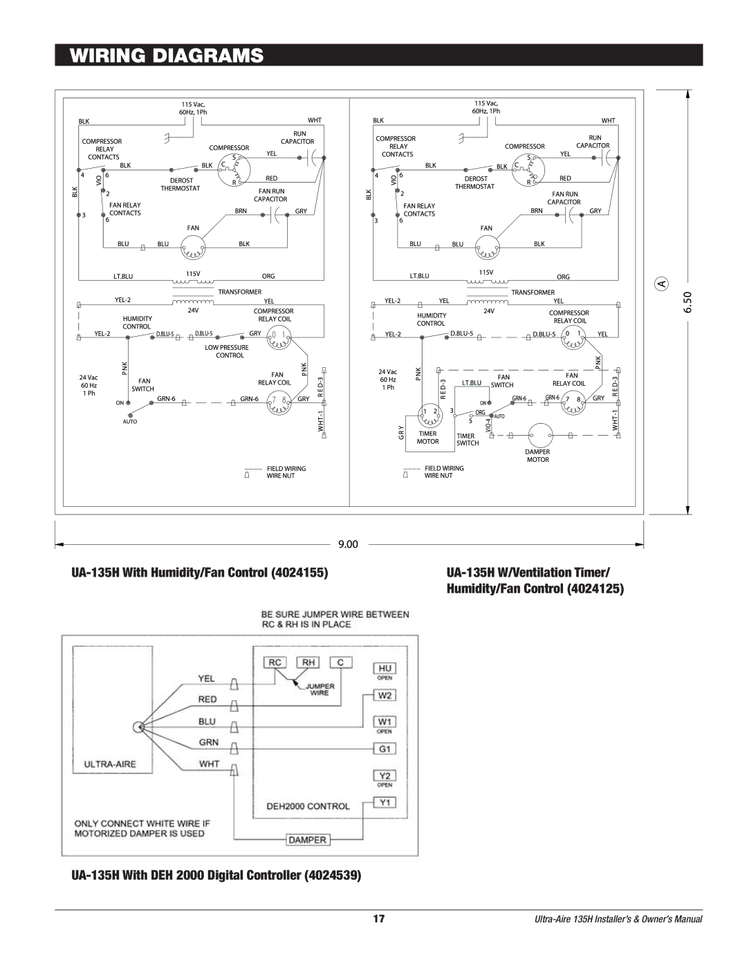 Therma-Stor Products Group Wiring Diagrams, UA-135H With Humidity/Fan Control, UA-135H With DEH 2000 Digital Controller 