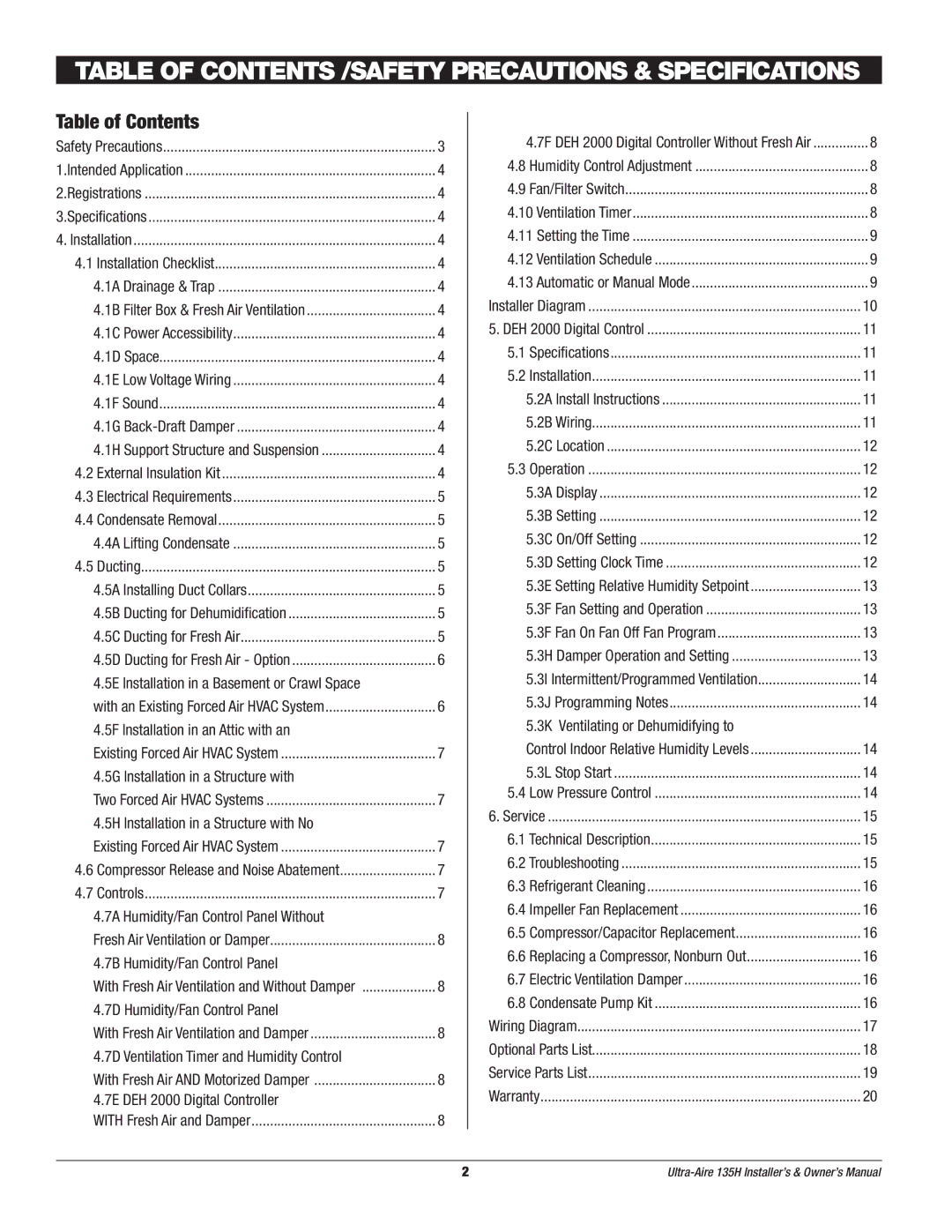 Therma-Stor Products Group UA-135H owner manual Table of Contents /SAFETY Precautions & Specifications 