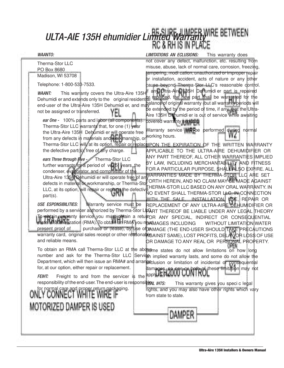 Therma-Stor Products Group UA-135H owner manual ULTRA-AIRE 135H Dehumidifier Limited Warranty 