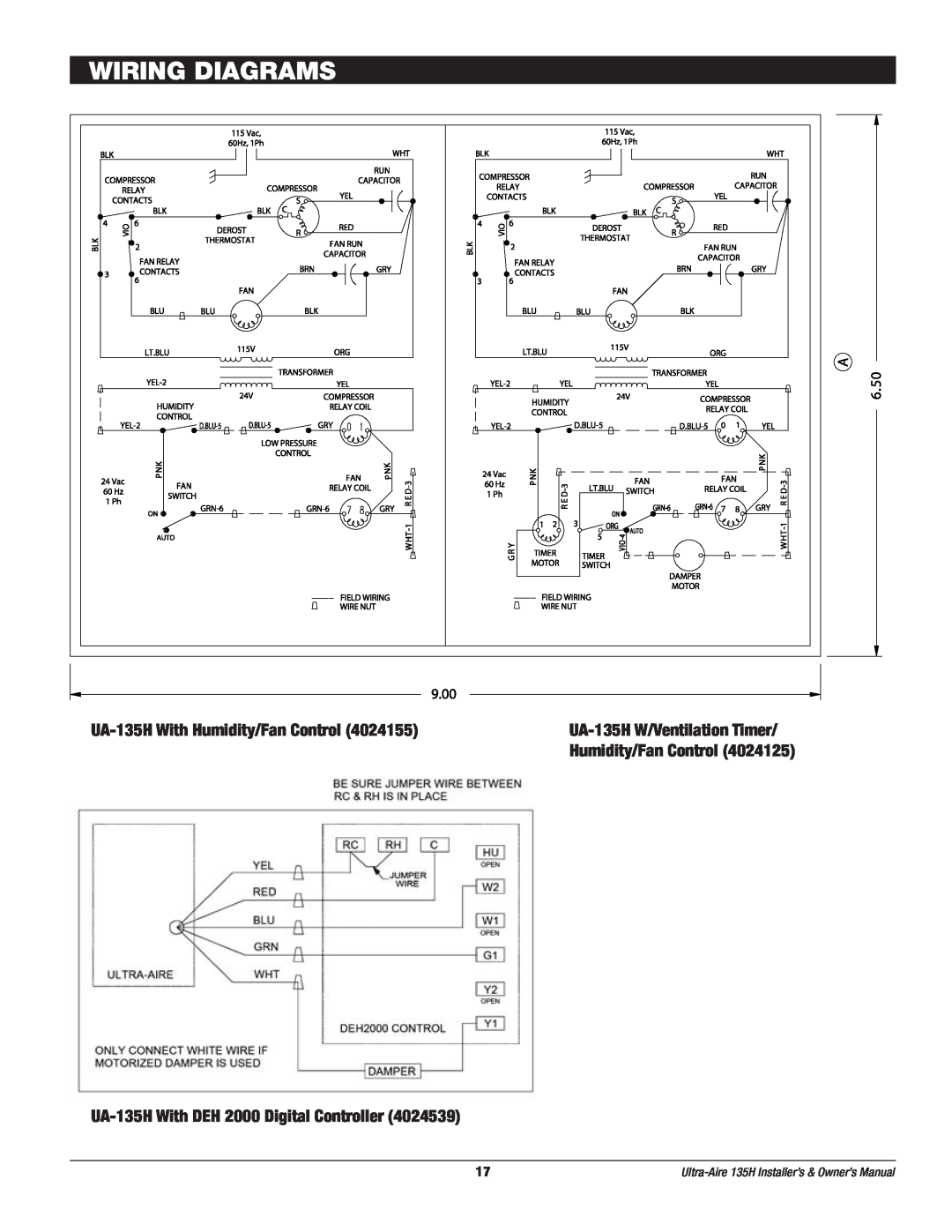 Therma-Stor Products Group Wiring Diagrams, UA-135HWith Humidity/Fan Control, UA-135HWith DEH 2000 Digital Controller 