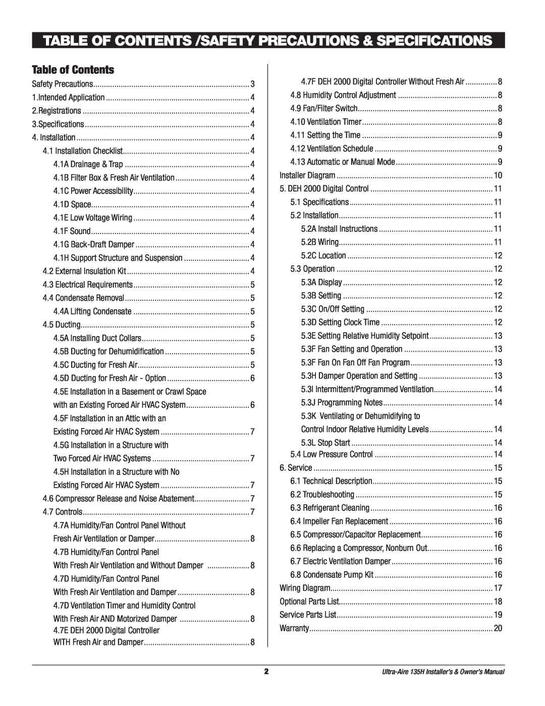 Therma-Stor Products Group UA-135H owner manual Table of Contents 