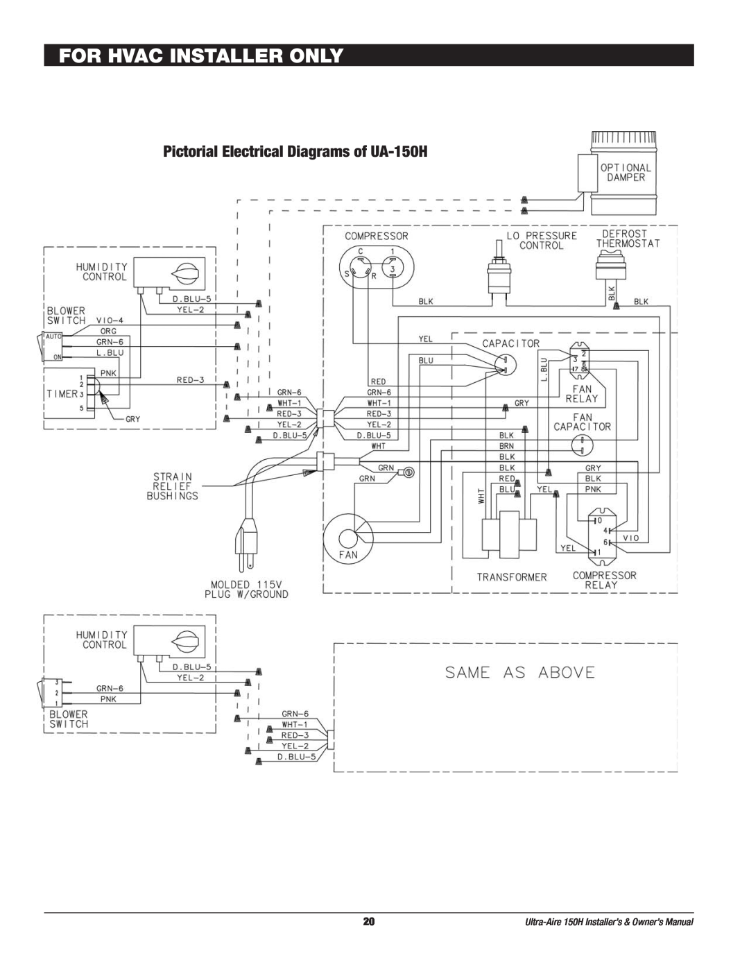 Therma-Stor Products Group owner manual For Hvac Installer Only, Pictorial Electrical Diagrams of UA-150H 