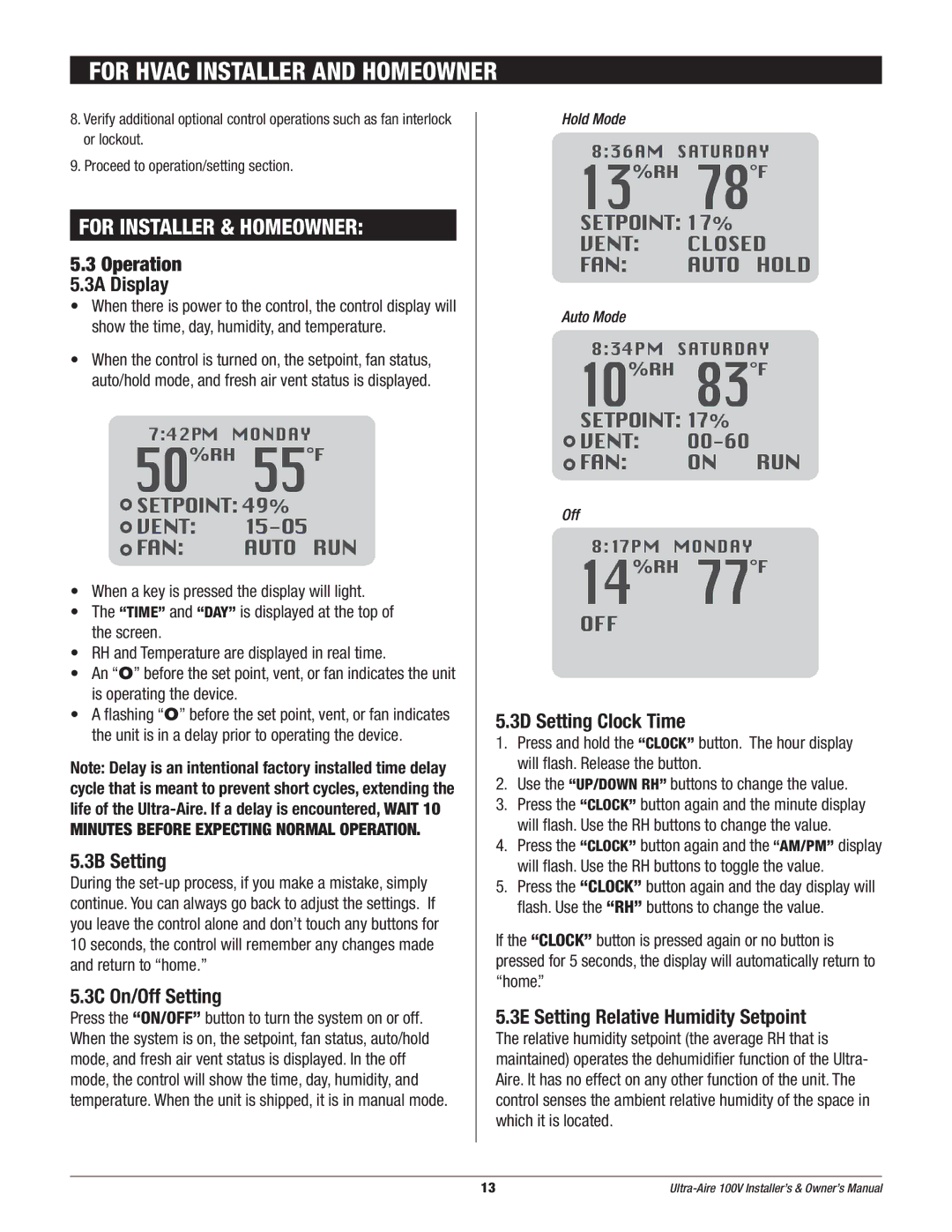 Therma-Stor Products Group Ultra-Aire 100V owner manual For Hvac Installer and Homeowner, 3B Setting, 3C On/Off Setting 