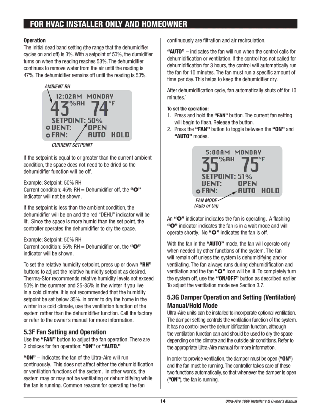 Therma-Stor Products Group Ultra-Aire 100V owner manual For Hvac Installer only and Homeowner, 3F Fan Setting and Operation 