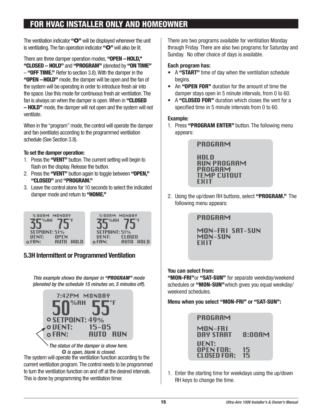 Therma-Stor Products Group Ultra-Aire 100V owner manual 3H Intermittent or Programmed Ventilation 