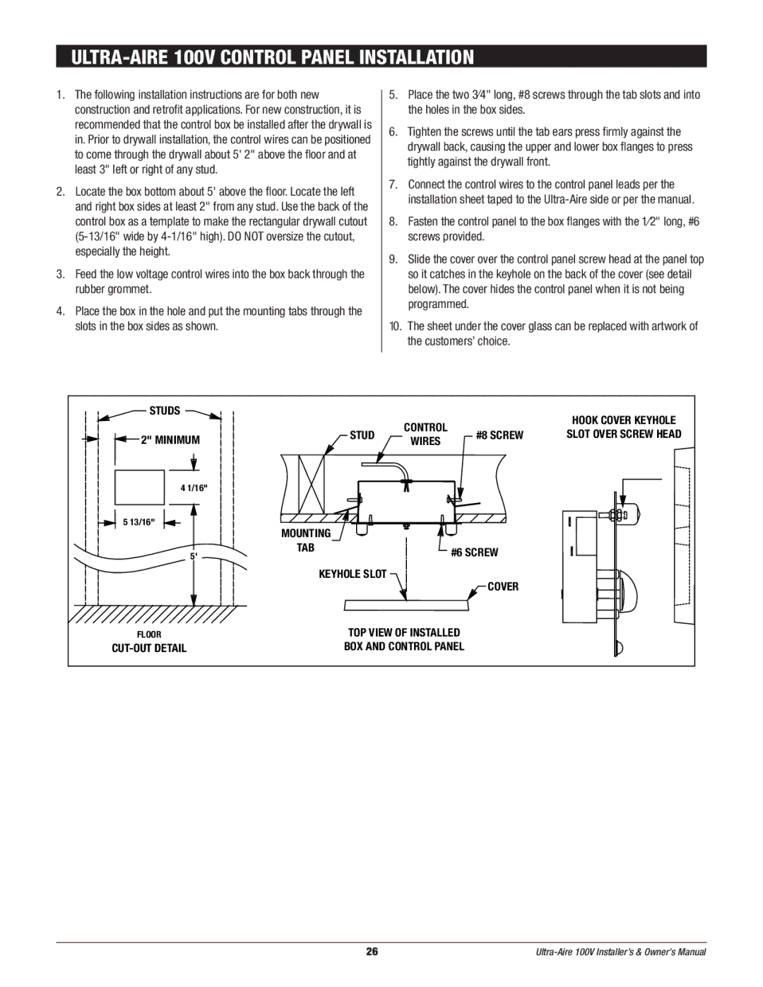 Therma-Stor Products Group Ultra-Aire 100V owner manual ULTRA-AIRE 100V Control Panel Installation 