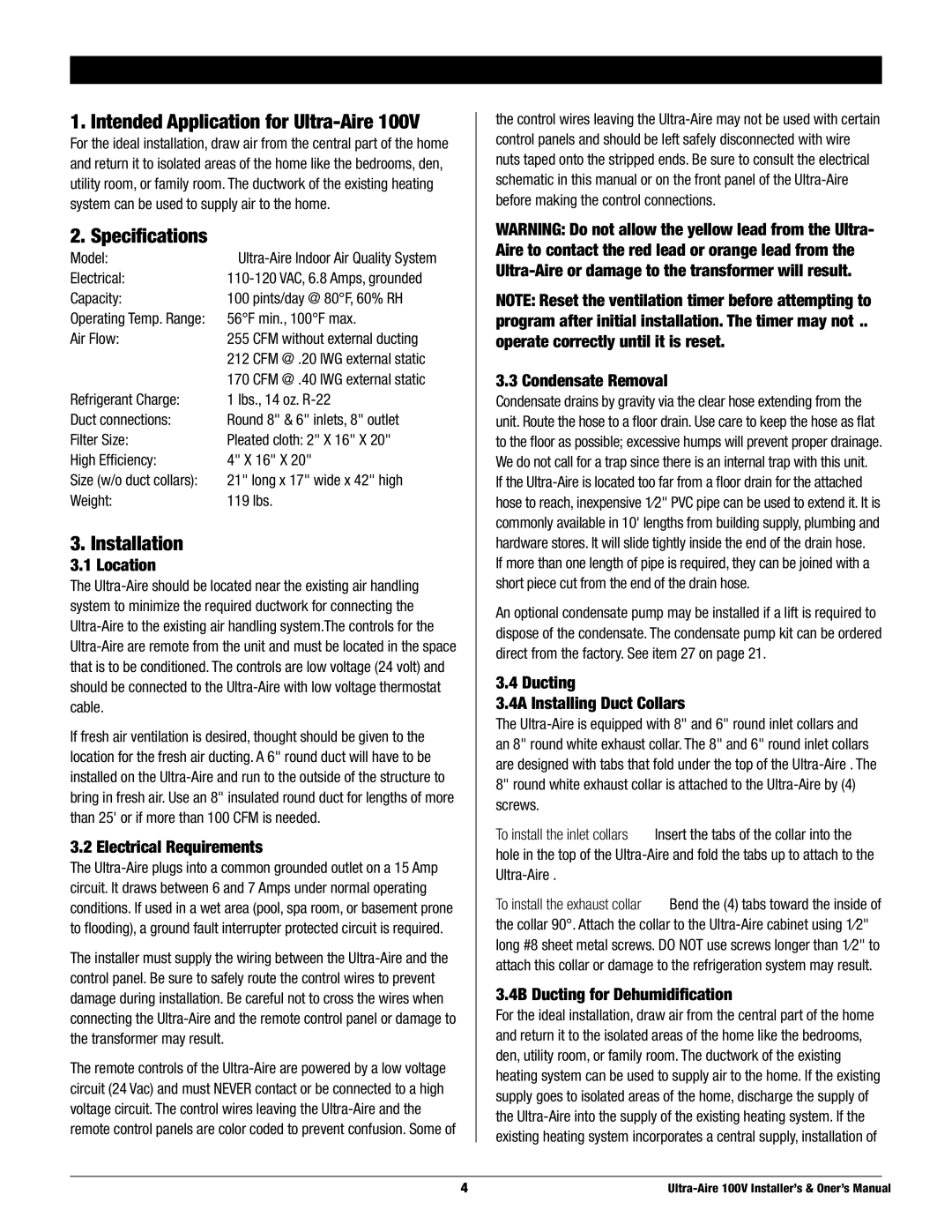 Therma-Stor Products Group Ultra-Aire 100V For Hvac Installer only, Intended Application for Ultra-Aire, Specifications 