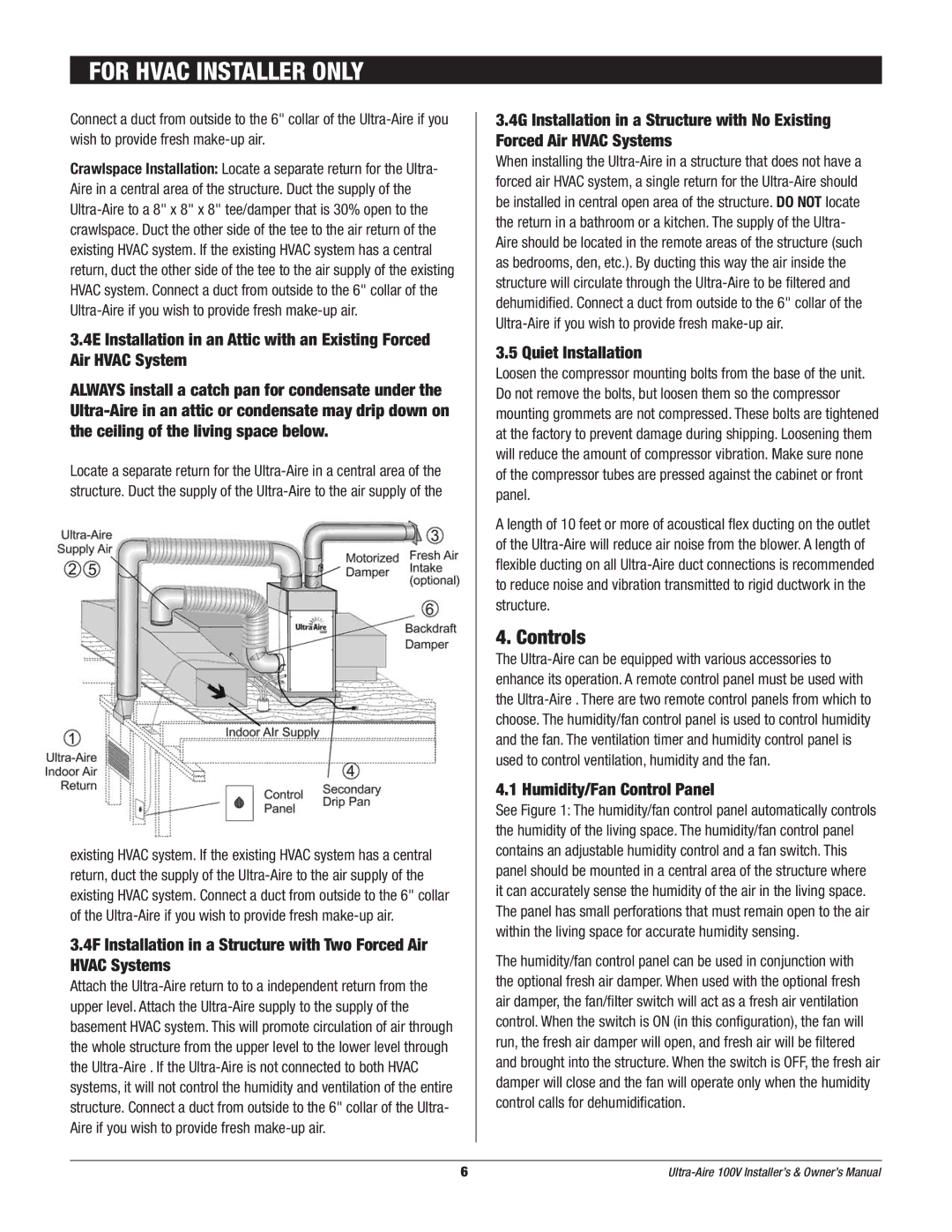 Therma-Stor Products Group Ultra-Aire 100V owner manual Controls, Quiet Installation, Humidity/Fan Control Panel 